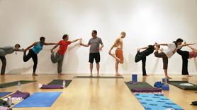 Steven reads a quote from the 7 Steps To Happiness. A brisk Level 1-2 class begins with a steady warm up with focus on thinking less, feeling more, judging less, accepting more. Continues with a strong multiple Standing Pose Flow leading into Hip Openers and Natarajasana (Dancer) at the wall. Also includes a brief tutorial on proper lower back and head/neck alignment while Back Bending in Ustrasana (Camel). Concludes with Supine Spinal Twists before brief Savansana.