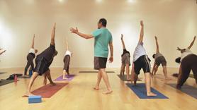  Following a brief description of the words hatha yoga class begins with a steady opening warm up including both Half and Full Sun Salutations. Leading into a strong Standing Pose Flow with Crescent, Warrior 2 and Extended Side Angle. Then continues with Ardha Chandrasana (Half Moon) and Triangle Pose. Also includes Arm Balance with Eka Pada Galavasana plus a quick demonstration of the pose. Class finishes with Hip/Thigh stretch and Back Bends in Bridge and/or Upward Facing Bow. No Savasansa due to time limit. 